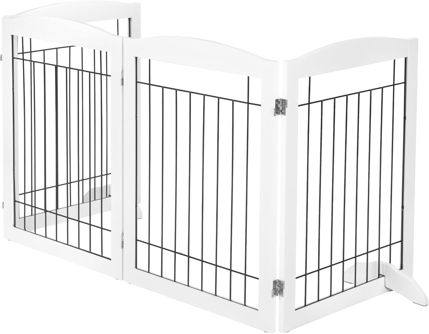 White Freestanding Foldable Wooden Pet Gate with Steel Wire