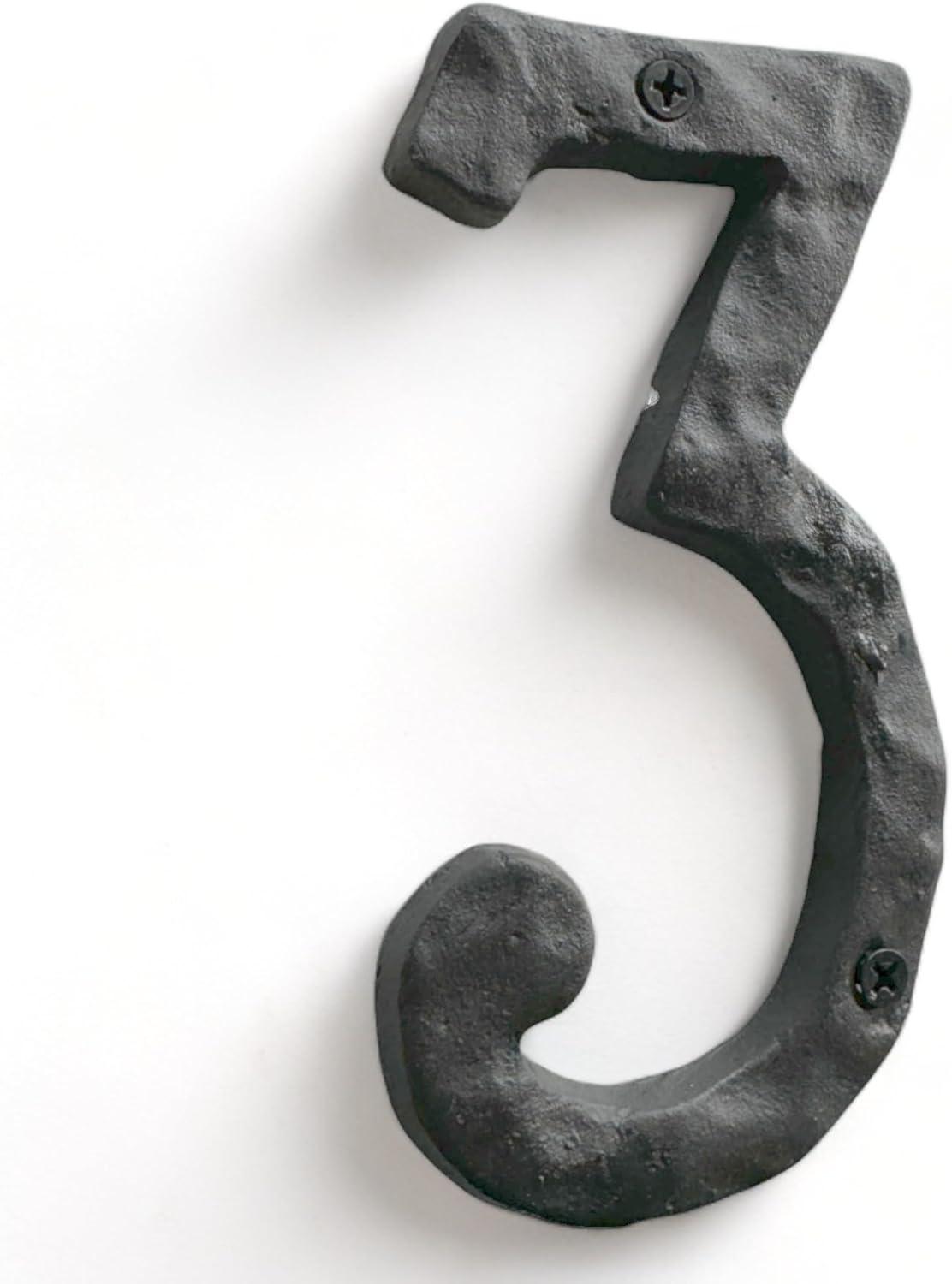 NACH Matte Black Hammer Tone Cast Iron House Number for Outside or Inside, Metal Modern House Numbers For Mailbox, Front Door, Maximum Rust Protection, 6 inch, Number 3, KE-HM6-BLK-3