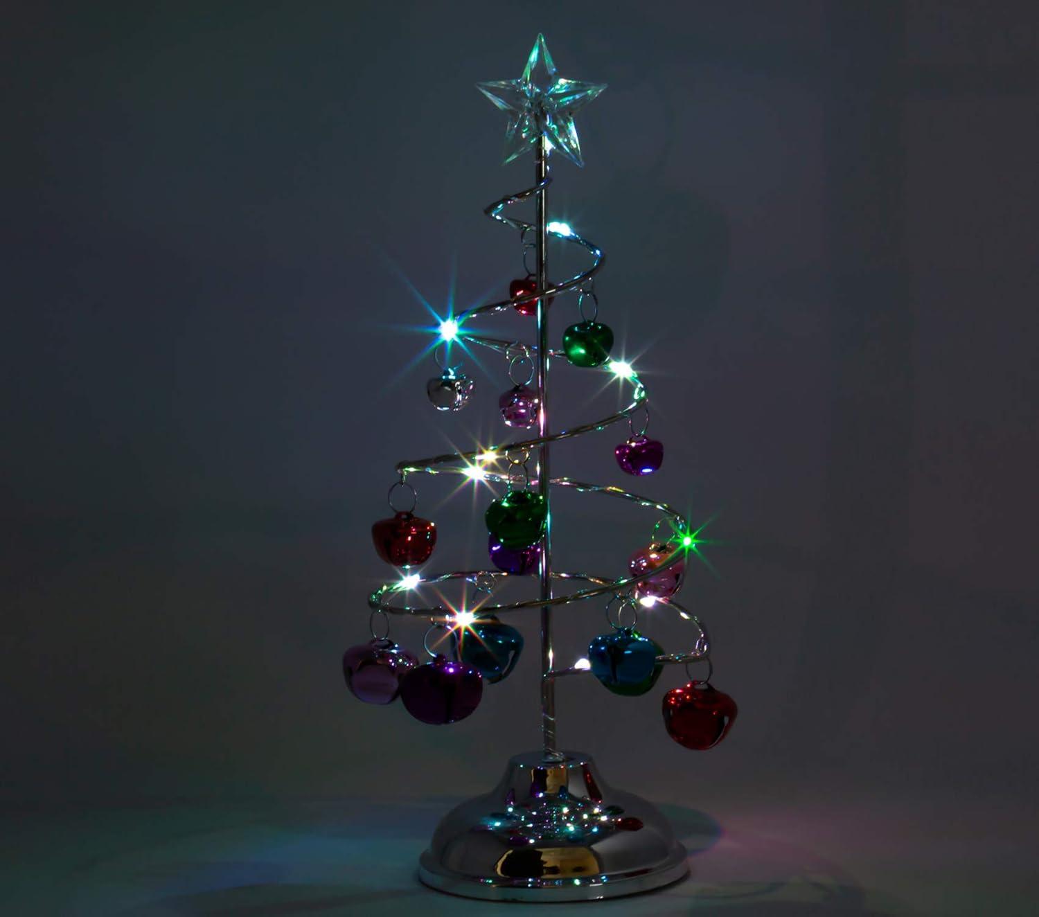 Lighted Tabletop Spiral Silver Christmas Tree - Multicolor Jingle Bells & Lights - Battery Operated - Home Xmas Décor - Approximately 10.25" Tall