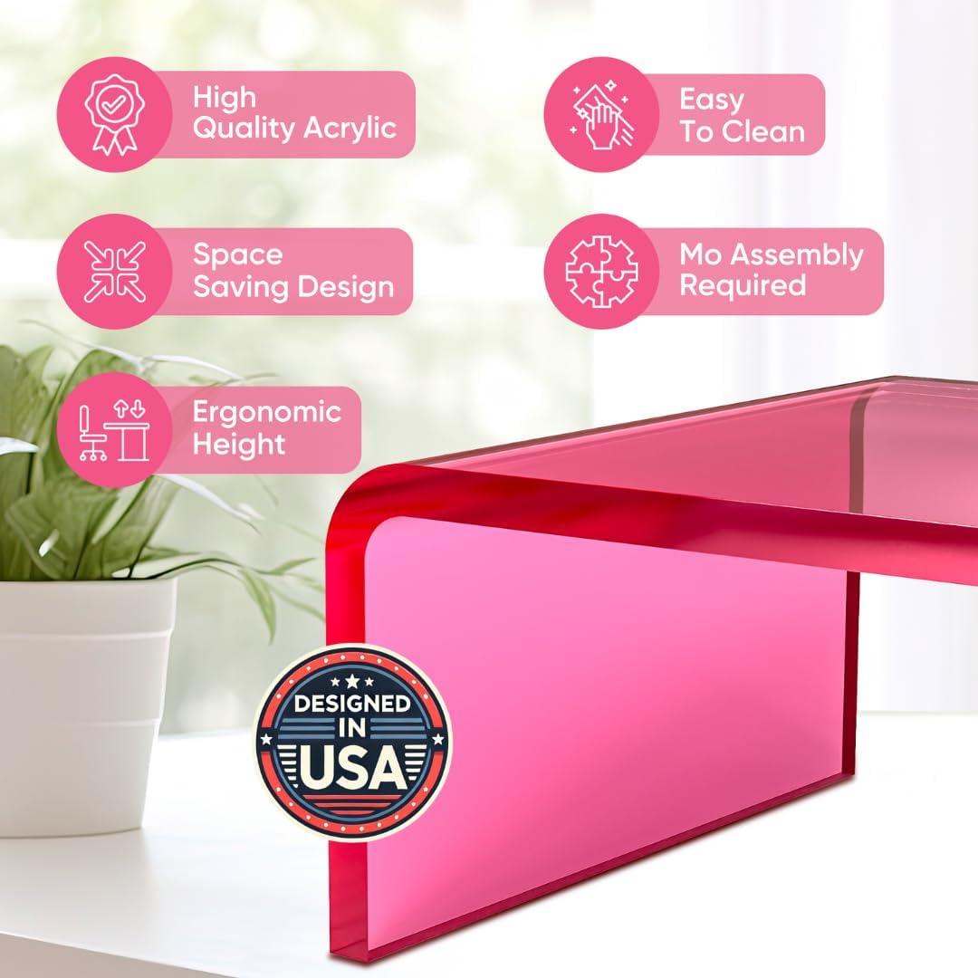 NovaMode Acrylic Monitor Stand - Ergonomic Desk Riser for Better Posture, Stylish & Modern Desktop Organizer, Computer Desk Stand for Monitors & Laptop - Bright Pink