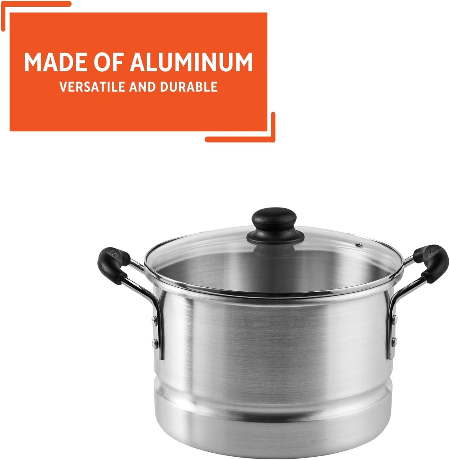 Imusa 10Qt Aluminum Steamer or Stock Pot with Glass Lid & Removable Rack
