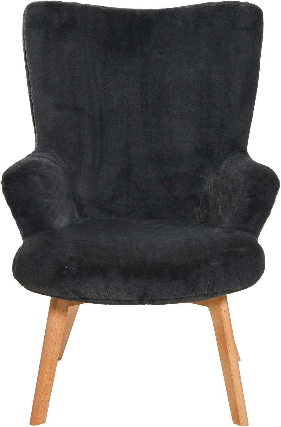 Storied Home Napster Fuzzy Plush Upholstery Wingback Arm Chair with Solid Wood Legs, Dark Grey and Natural
