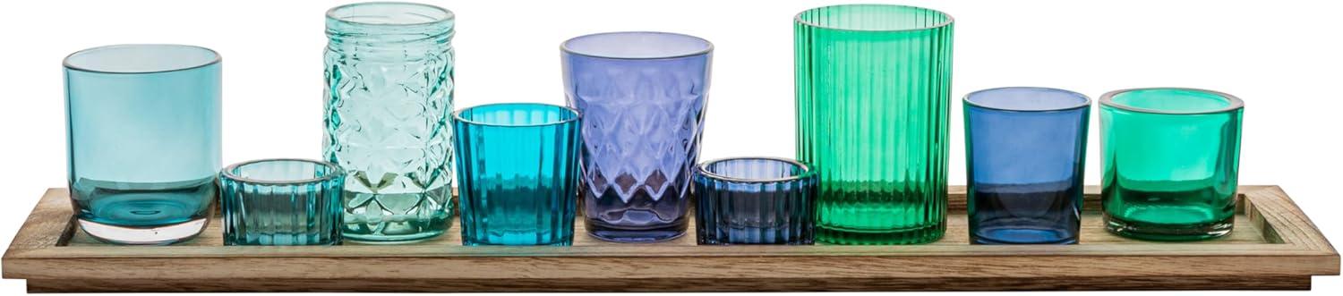 Creative Co-Op Wood Tray with 9 Blue & Green Glass Votive Holders (Set of 10 Pieces)