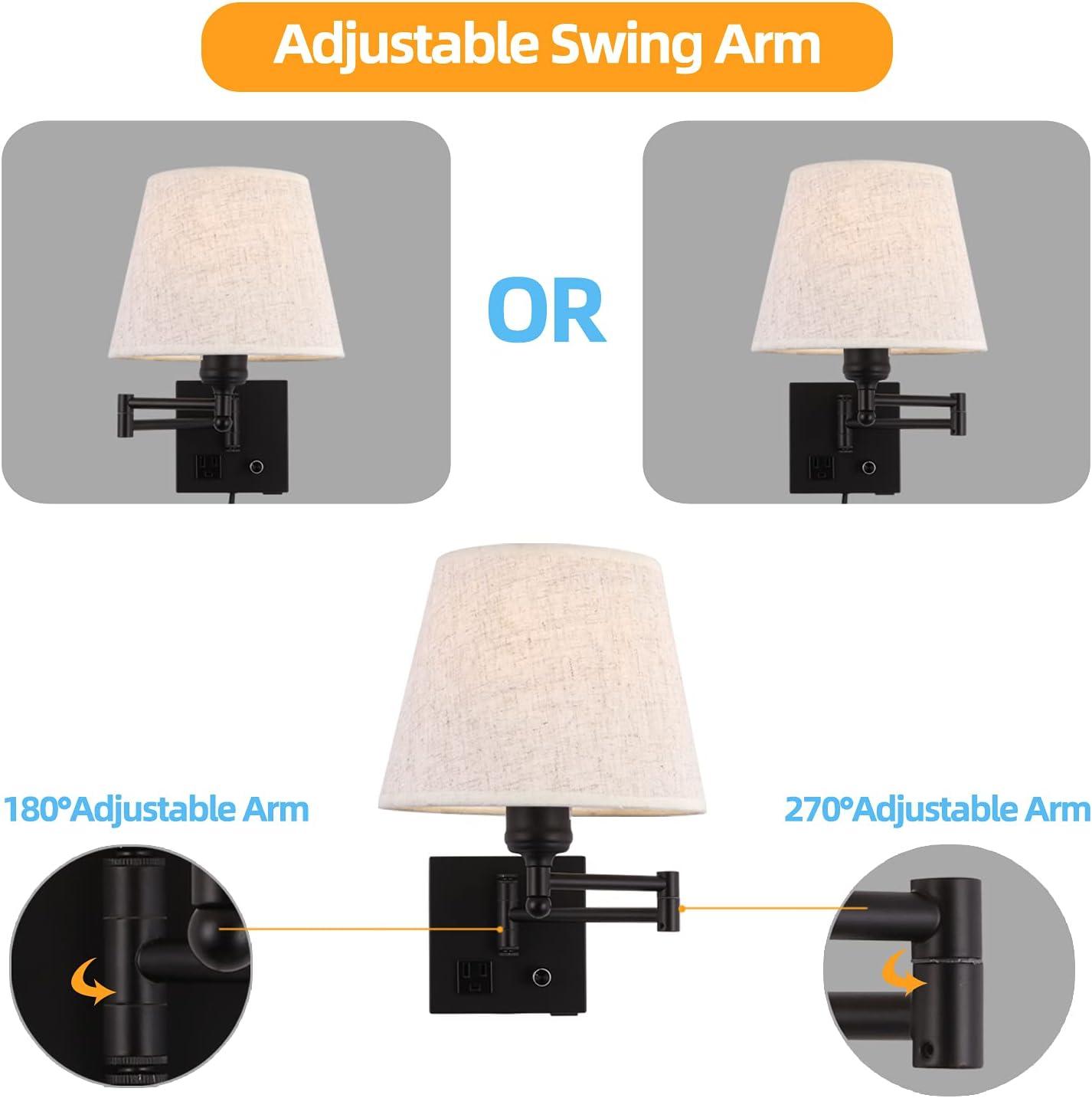 Black Swing Arm Wall Lamp with Fabric Shade and USB Port