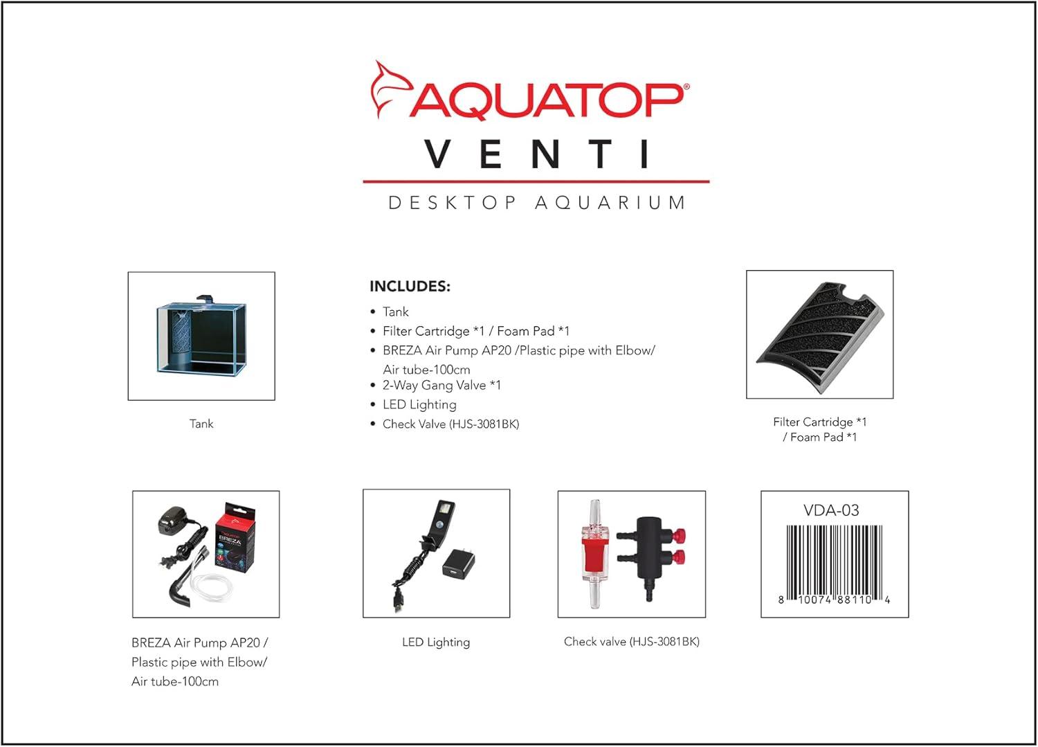 Aquatop Venti Air Driven Glass Aquarium Tank, 0.5 cm Showcase Glass Complete Kit Includes 2 Gal Fish Tank, LED Light, Breza Air Pump and Easy to Change Filter Cartridge, VDA-03