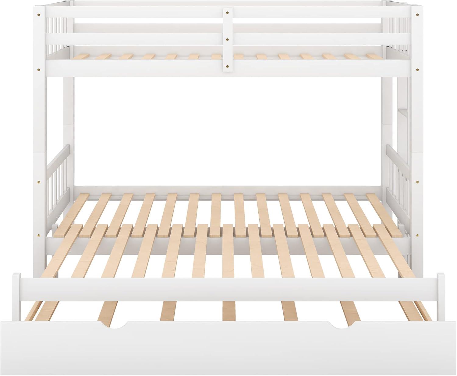 DreamBuck, Twin over Pull-out Bunk Bed with Trundle, Solid Wood Twin Over Twin/King Bunk Bed, Extendable Bunk Beds with Ladder and Safety Rail, Thicken Wooden Bunkbed, Accommodate 4 People, White