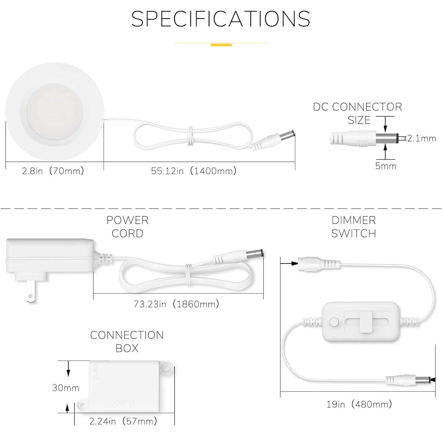 GETINLIGHT 2.75" Wide 3000K Dimmable LED Puck Lights Kit, Plug-in Installation with recessed or Surface Mounted, White Finished, Set of 3, IN-0102-3-WH