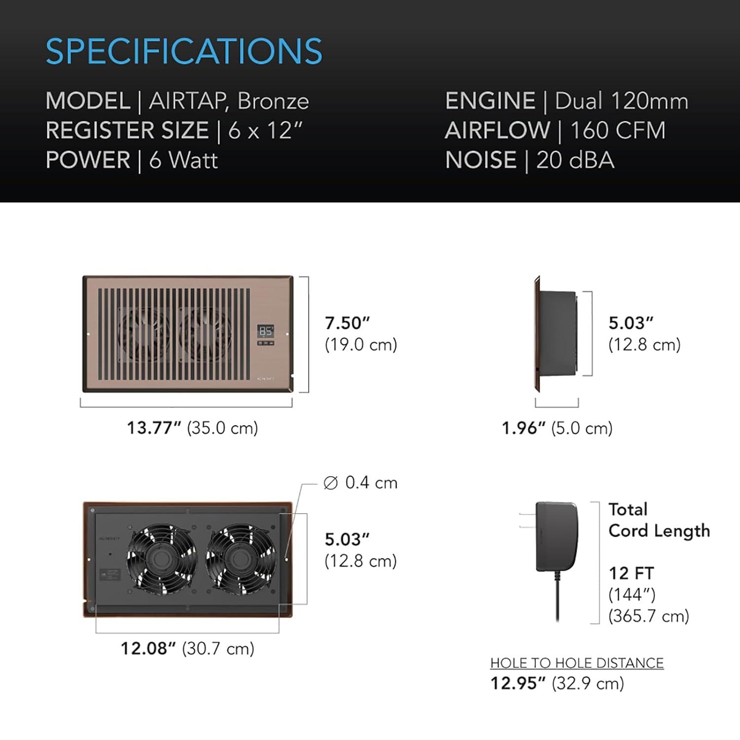 AC Infinity AIRTAP T6 Bronze, Register Booster Fan for 6” x 10” Register Holes, Improves Heating & Cooling Vents, Quiet 10-Speeds, Bluetooth App Control Data Alerts