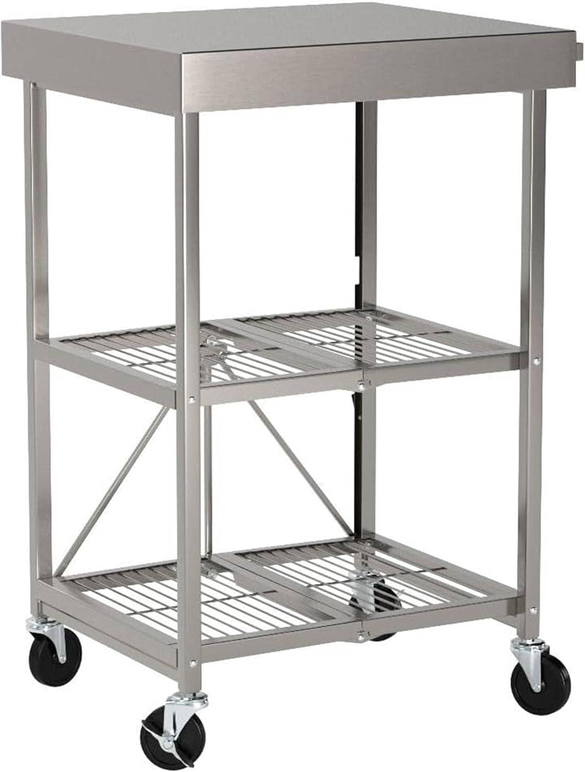 Origami RBT Fully Stainless Steel Foldable Kitchen Cart with 4 Professional Grade Caster Wheels Holds Up To 100 Pounds, Silver