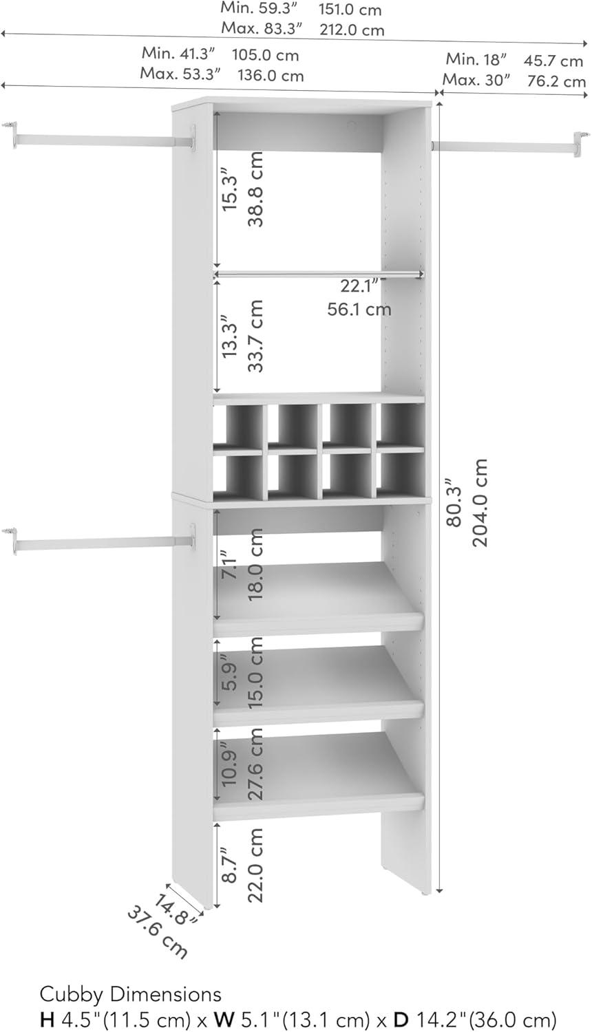 Bestar Carina 24W Closet Organizer With Shoe Shelves, Clothing Rods And Cubbies