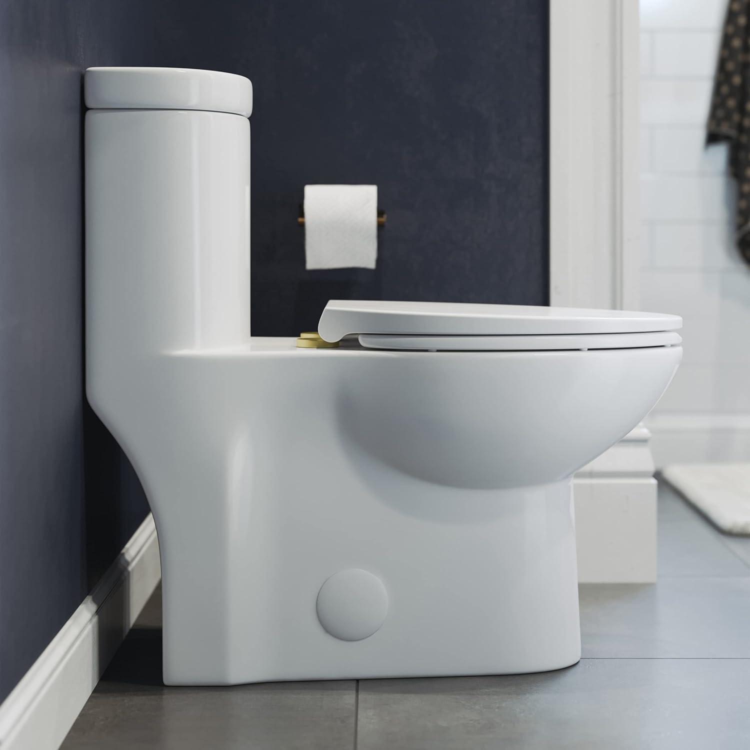 Swiss Madison Besanxcon Glossy White Elongated Standard height 12-in Rough-In 1.6 GPF Touchless Smart Compatible Slow Close Feature 1-piece Toilet