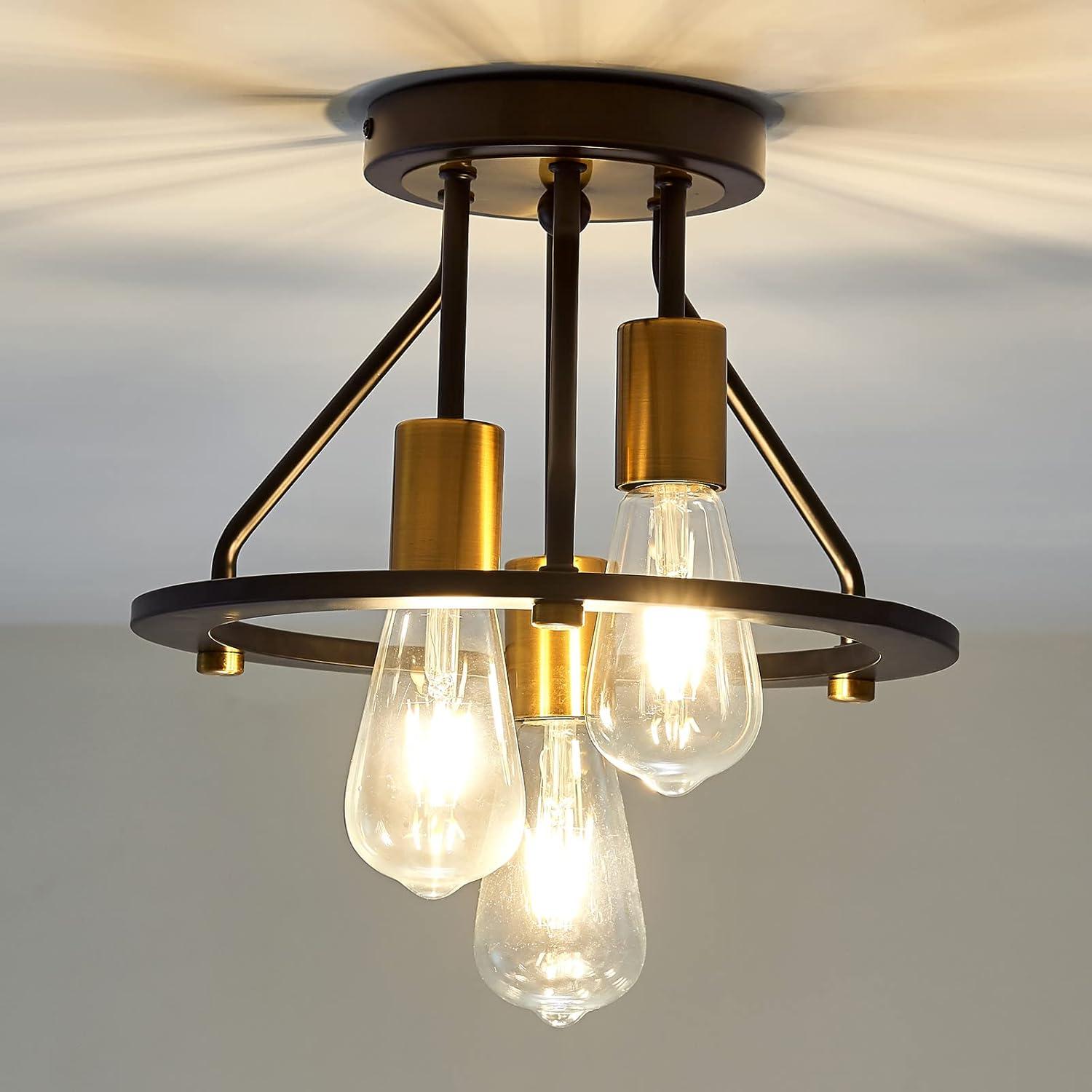 Matte Black and Gold Industrial Semi Flush Mount Ceiling Light