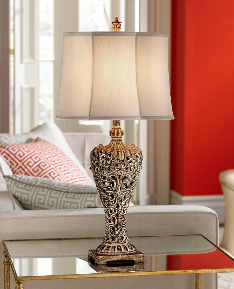 Barnes and Ivy Elle Traditional Table Lamp 33" Tall Antique Gold Florentine Off White Oval Shade for Bedroom Living Room Bedside Nightstand Office