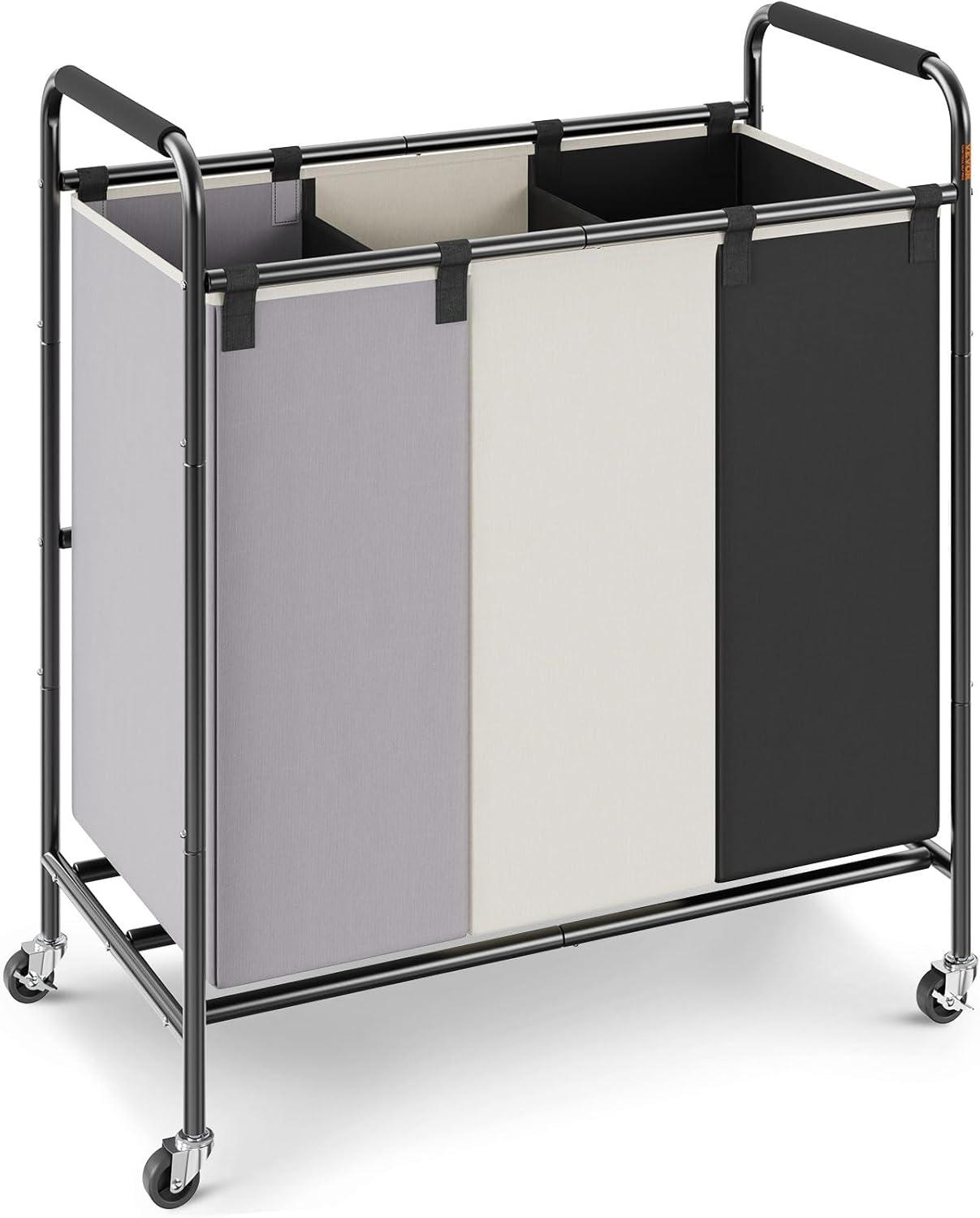 VEVOR 3-Section Laundry Basket, Heavy Duty Laundry Hamper Storage Organizer, Laundry Sorter Cart with Heavy Duty Lockable Wheels for Dirty Clothes in Laundry Room Bedroom