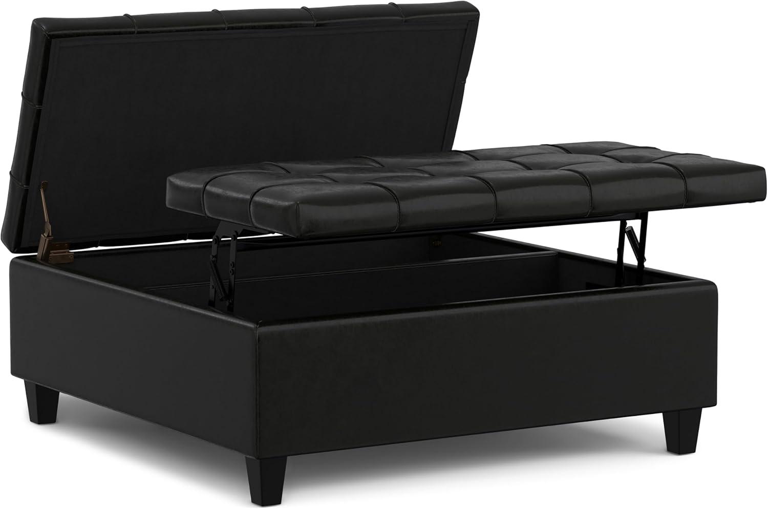 Simpli Home Harrison 40 inch Wide Transitional Square Large Coffee Table Storage Ottoman in Midnight Black Vegan Faux Leather