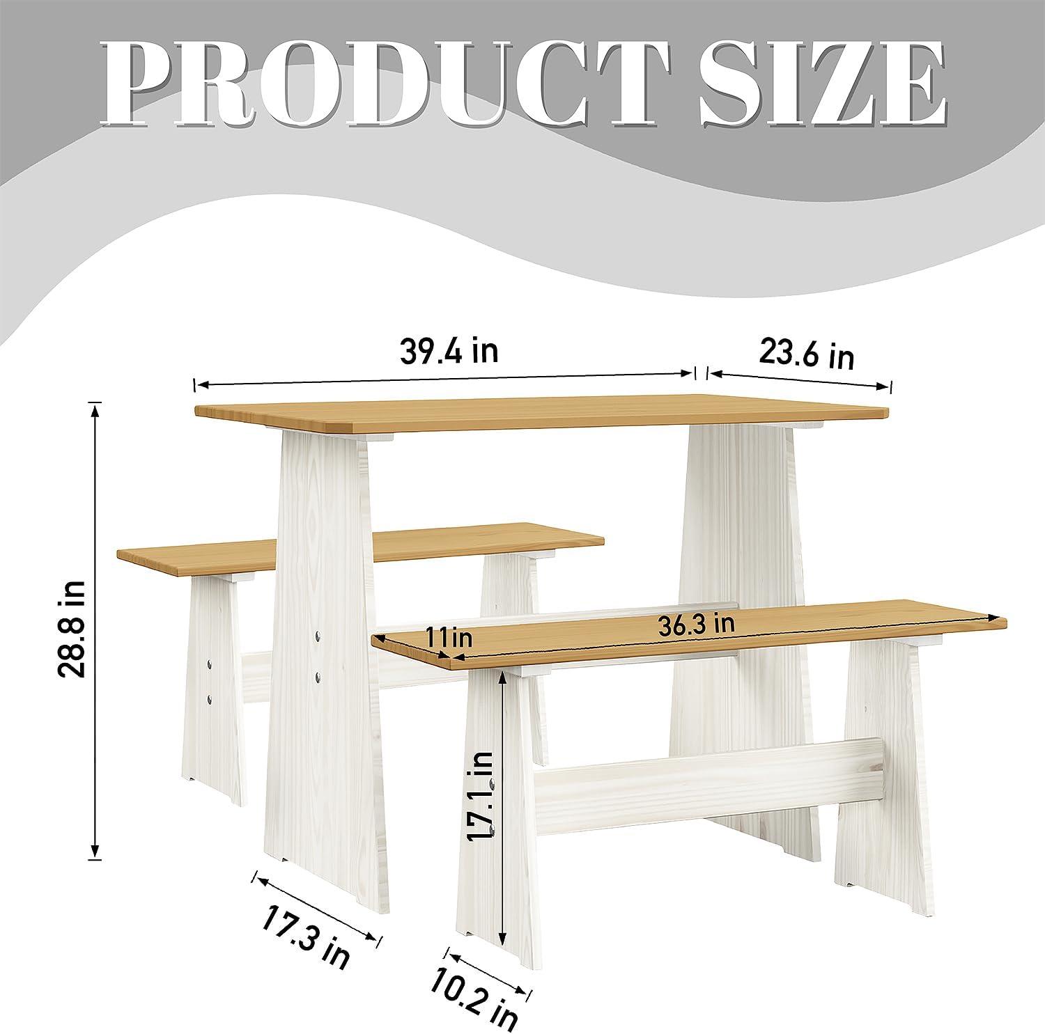 Urban Home Furniture Chapman 3 Piece Casual Dining 2-Tone Natural/White Solid Pine Wood Kitchen Table Set with 2 Benches, Kitchen Dining Set