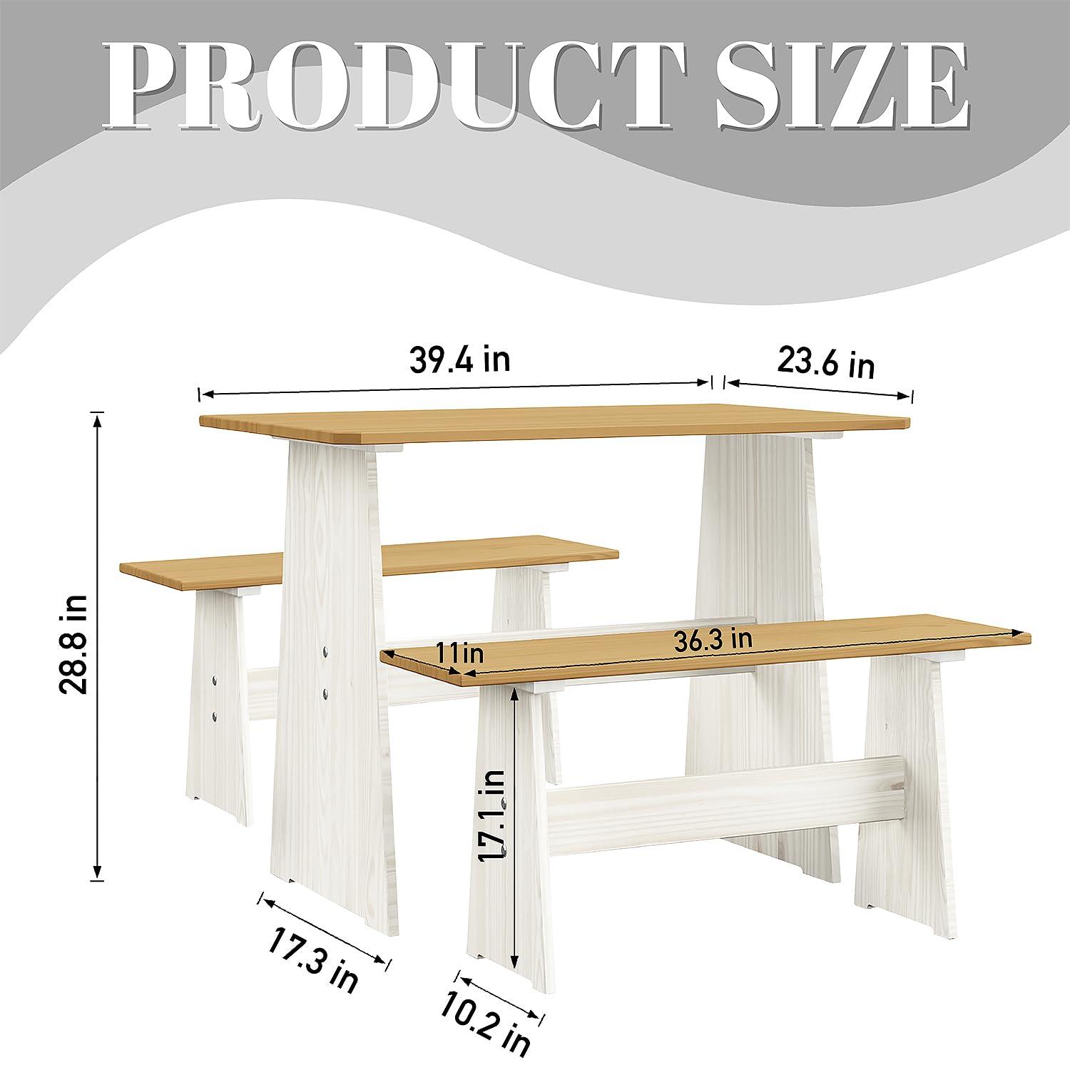 Urban Home Furniture Chapman 3 Piece Casual Dining 2-Tone Natural/White Solid Pine Wood Kitchen Table Set with 2 Benches, Kitchen Dining Set