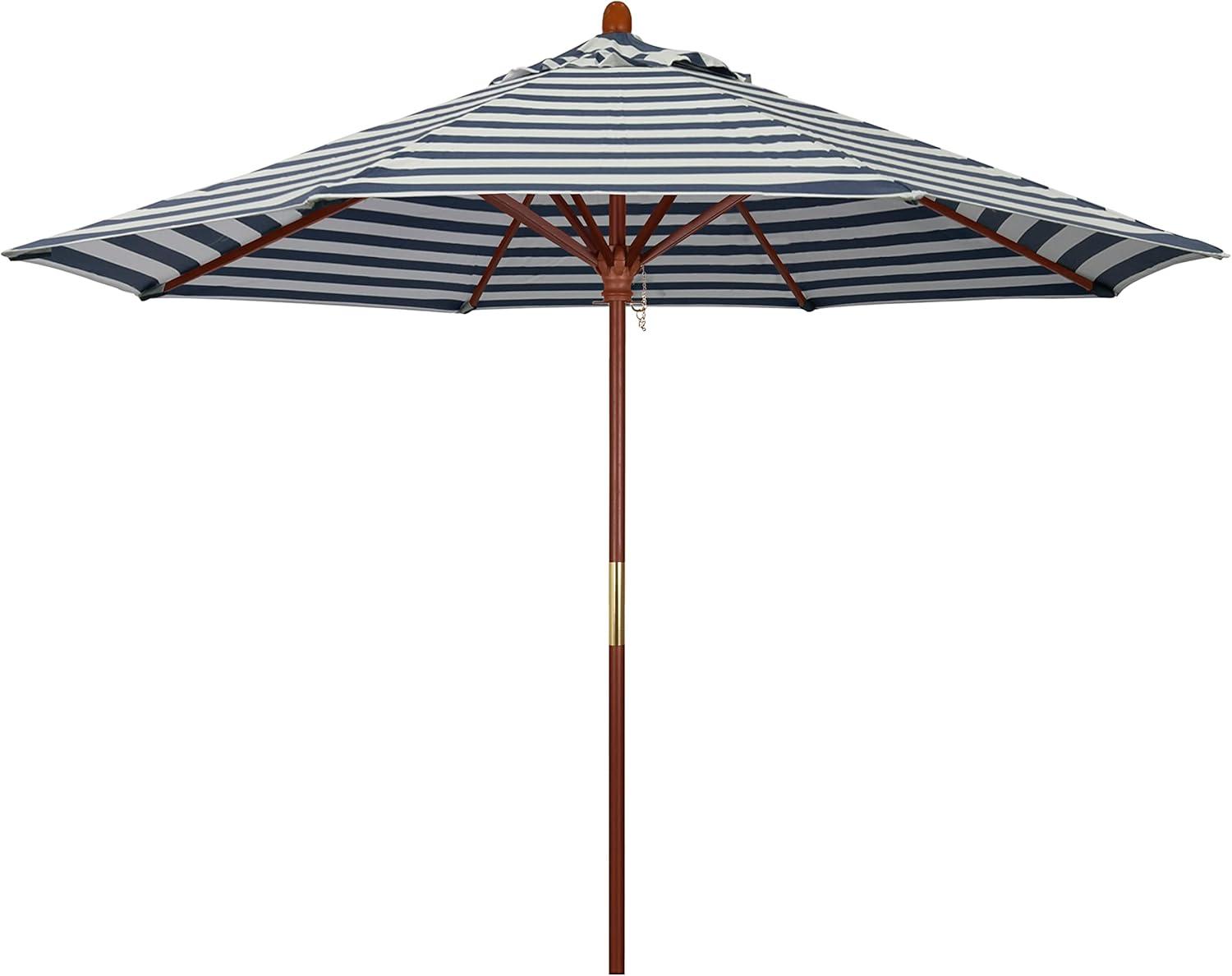 California Umbrella Grove Series 9 Ft Octagonal Hardwood Patio Umbrella W/ Push Lift - Olefin Navy White Cabana Stripe Canopy