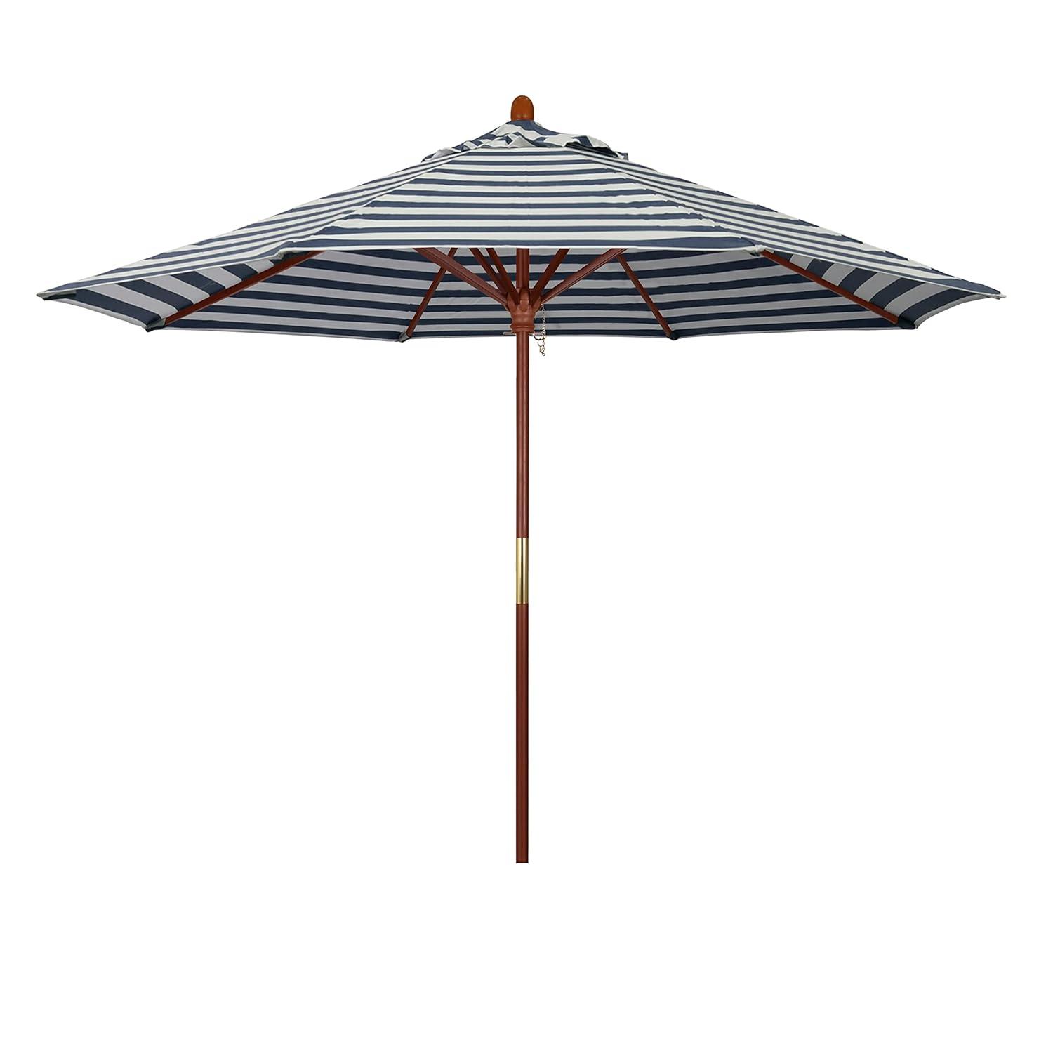 California Umbrella Grove Series 9 Ft Octagonal Hardwood Patio Umbrella W/ Push Lift - Olefin Navy White Cabana Stripe Canopy