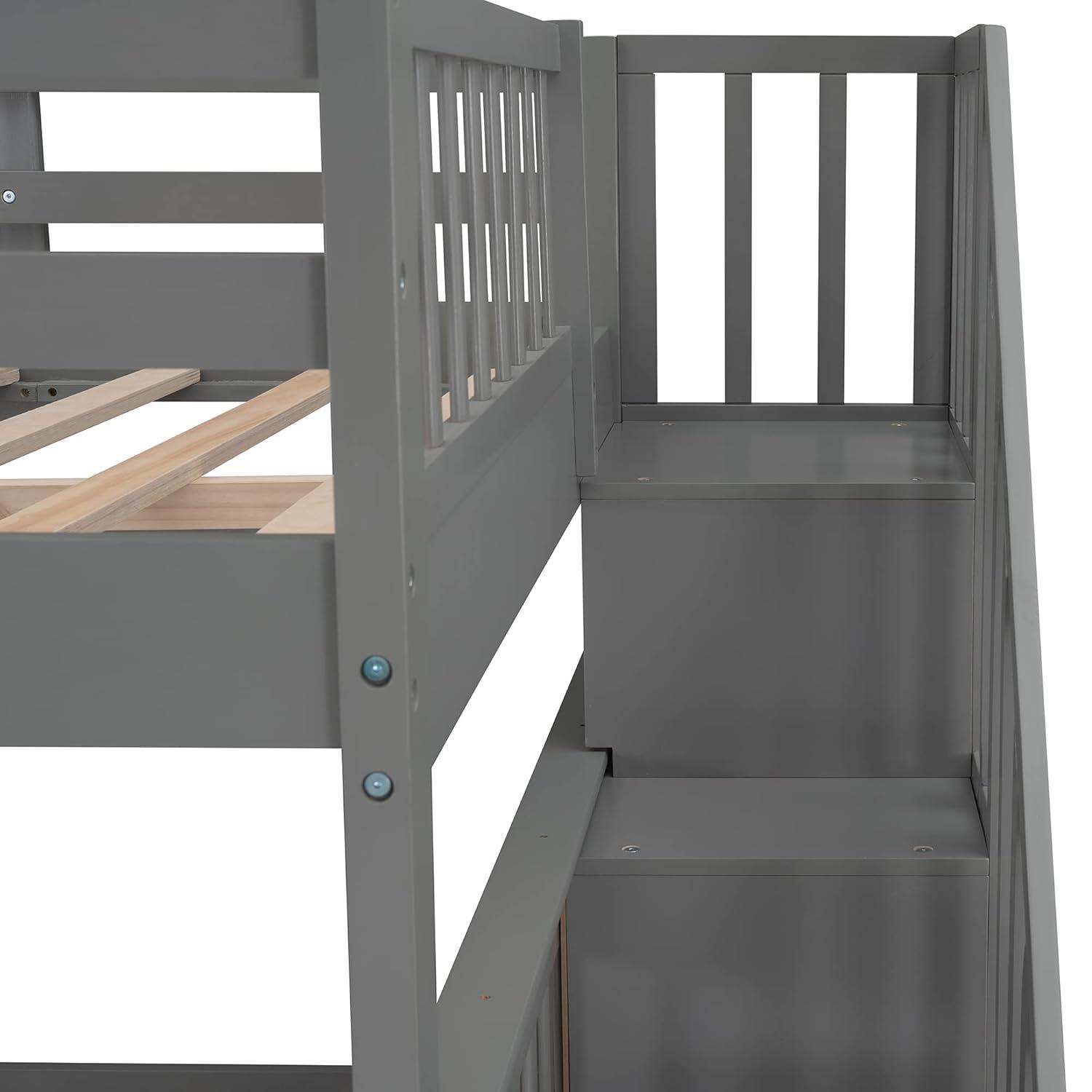 Full Over Full Bunk Beds with Drawers and Stairs Stairway Bunk Bed Frame with Storage Shelves for Kids Teens Adult, Wood Full Bunk Bed for Boys Girls Adults, Gray