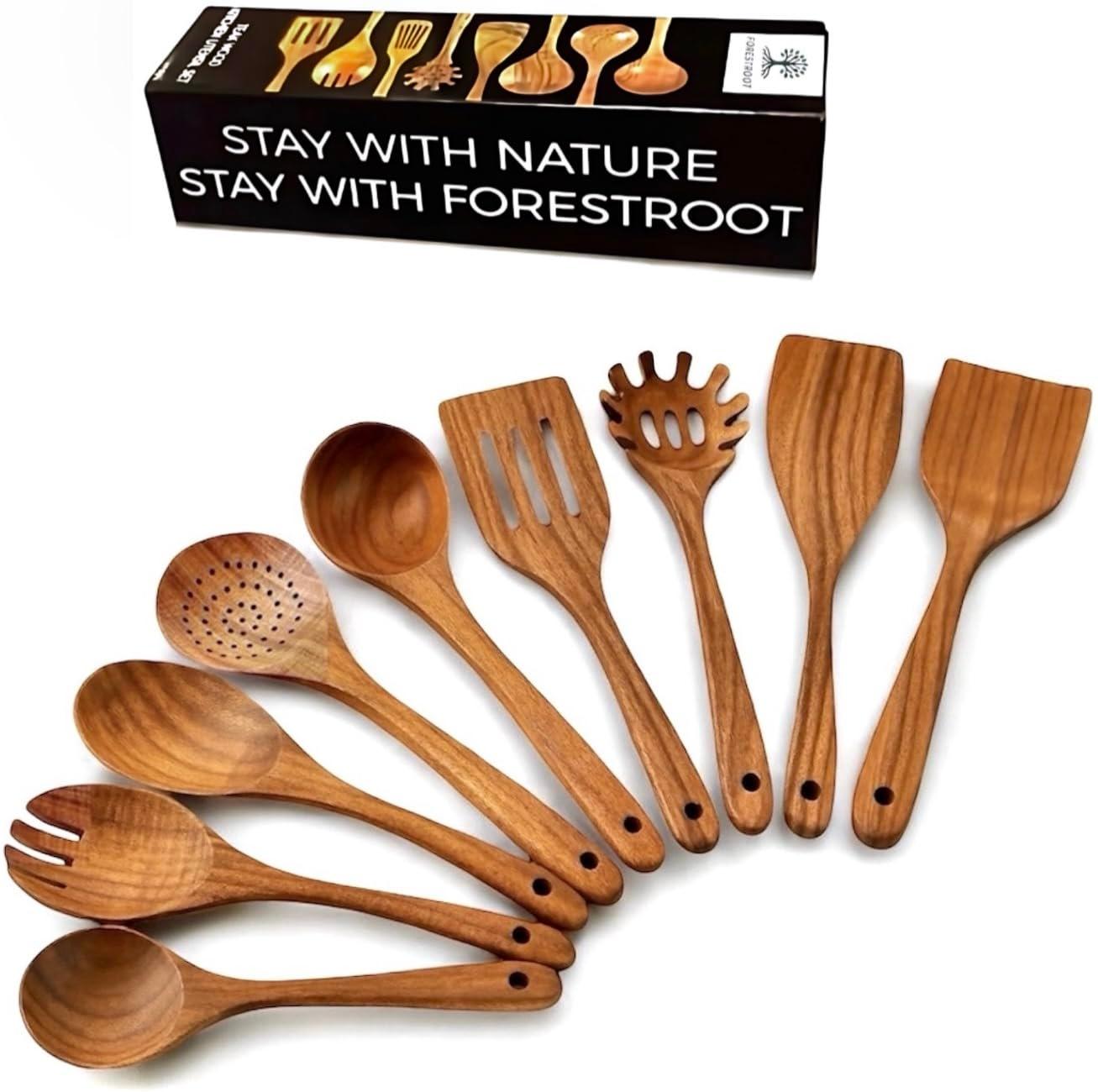 Zulay 9-Piece Teak Wooden Utensils For Cooking, Smooth Finish Kitchen Utensils Set with Gift Box