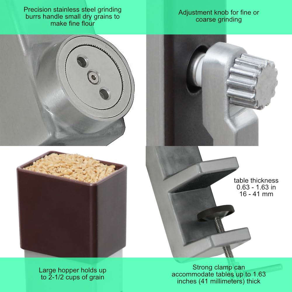 Grain Mill Wheat Flour Grinder, Stainless Steel Metal Burrs (Hand Crank Grain Mill)