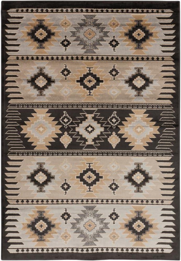 Greige and Black Synthetic Southwest Print Rectangular Area Rug