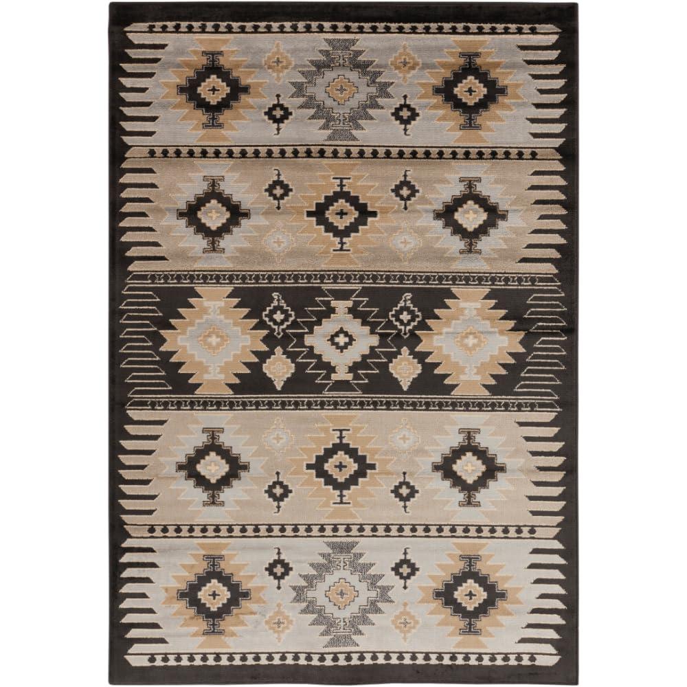 Greige and Black Synthetic Southwest Print Rectangular Area Rug