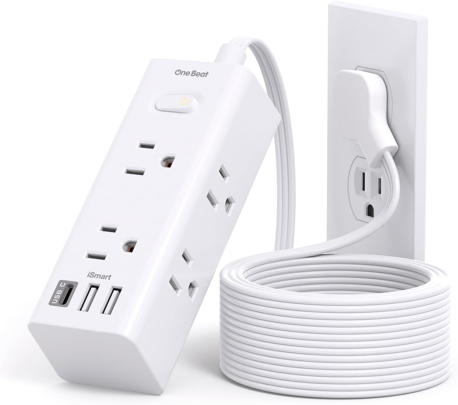 10Ft Extension Cord with Multiple Outlets, Flat Plug Power Strip Surge Protector with 10 Ft Long Cord, 6 Outlet 3 USB Ports (1 USB C), Multi Outlet Wall Plug for Travel, College, Dorm Room Essentials