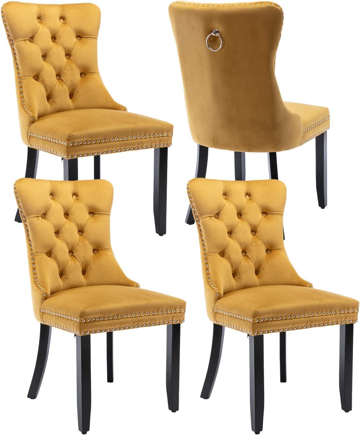 ODUSE-DAILY Yellow Velvet Dining Chairs Set of 4, Kitchen & Dining Room Chairs, Sillas De Comedor, Nailheads Tufted, Fabric Upholstered, Solid Wood (Gold, 4 Pcs)