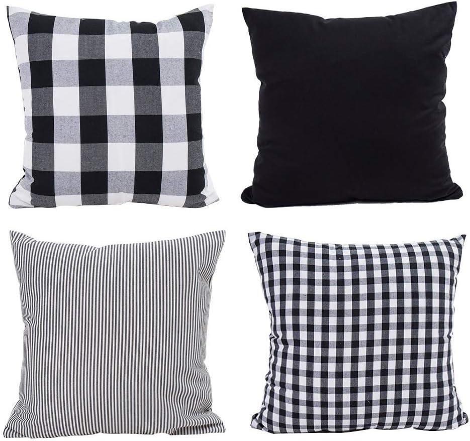 4pk 18"x18" Gingham Buffalo Check Assorted Square Throw Pillow Covers Black/White - Design Imports: Cotton, Machine Washable