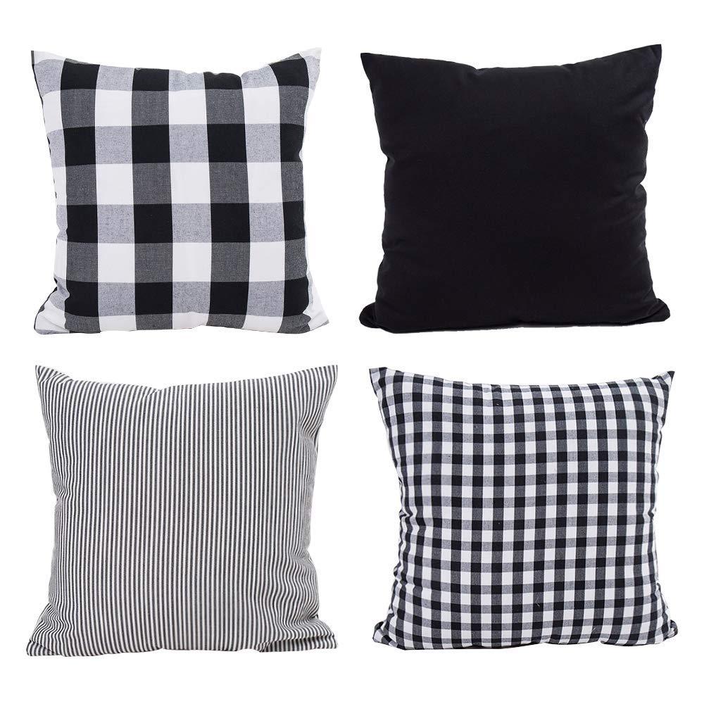 4pk 18"x18" Gingham Buffalo Check Assorted Square Throw Pillow Covers Black/White - Design Imports: Cotton, Machine Washable