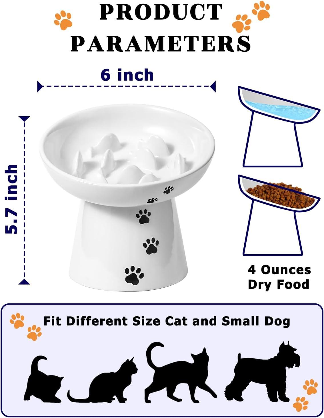 White Ceramic Elevated Cat Slow Feeder Bowl with Paw Prints