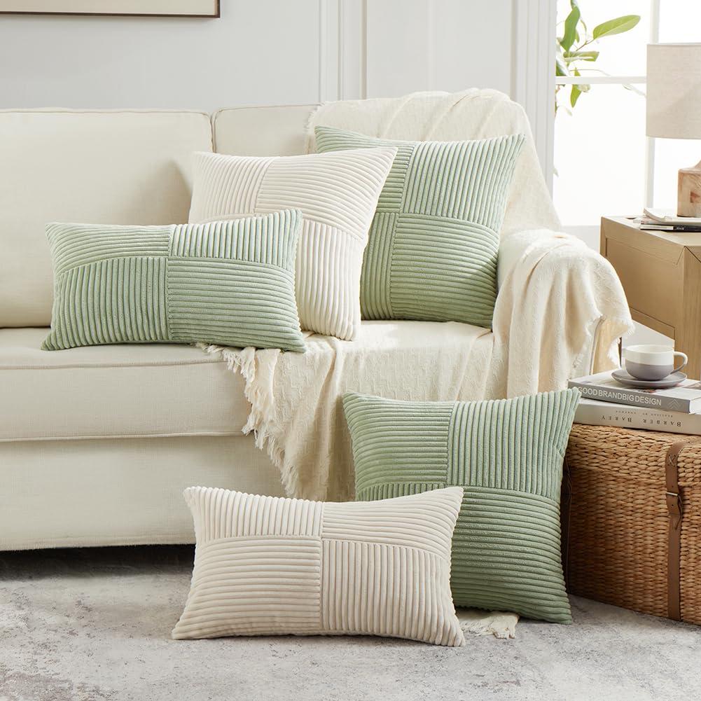 Fancy Homi Pack of 2 Sage Green Lumbar Decorative Throw Pillow Covers 12x20 Inch for Living Room Couch Bedroom, Soft Corduroy Rectangle Solid Cushion Case 30x50 cm, Rustic Farmhouse Boho Home Decor