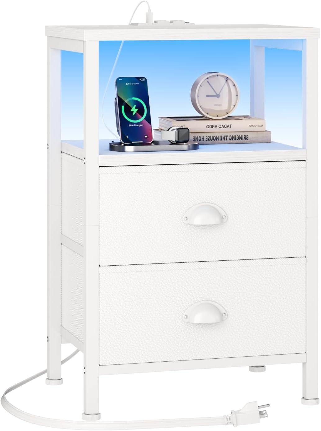 White Nightstand with Charging Station and Fabric Drawers