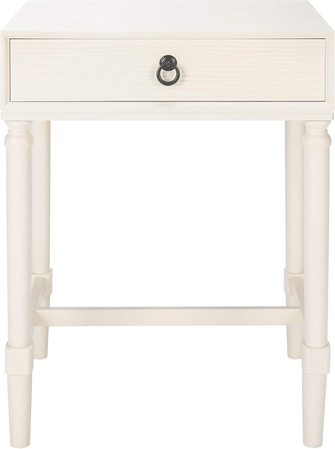 Elegant White Wood Accent Table with Carved Details and Storage Drawer