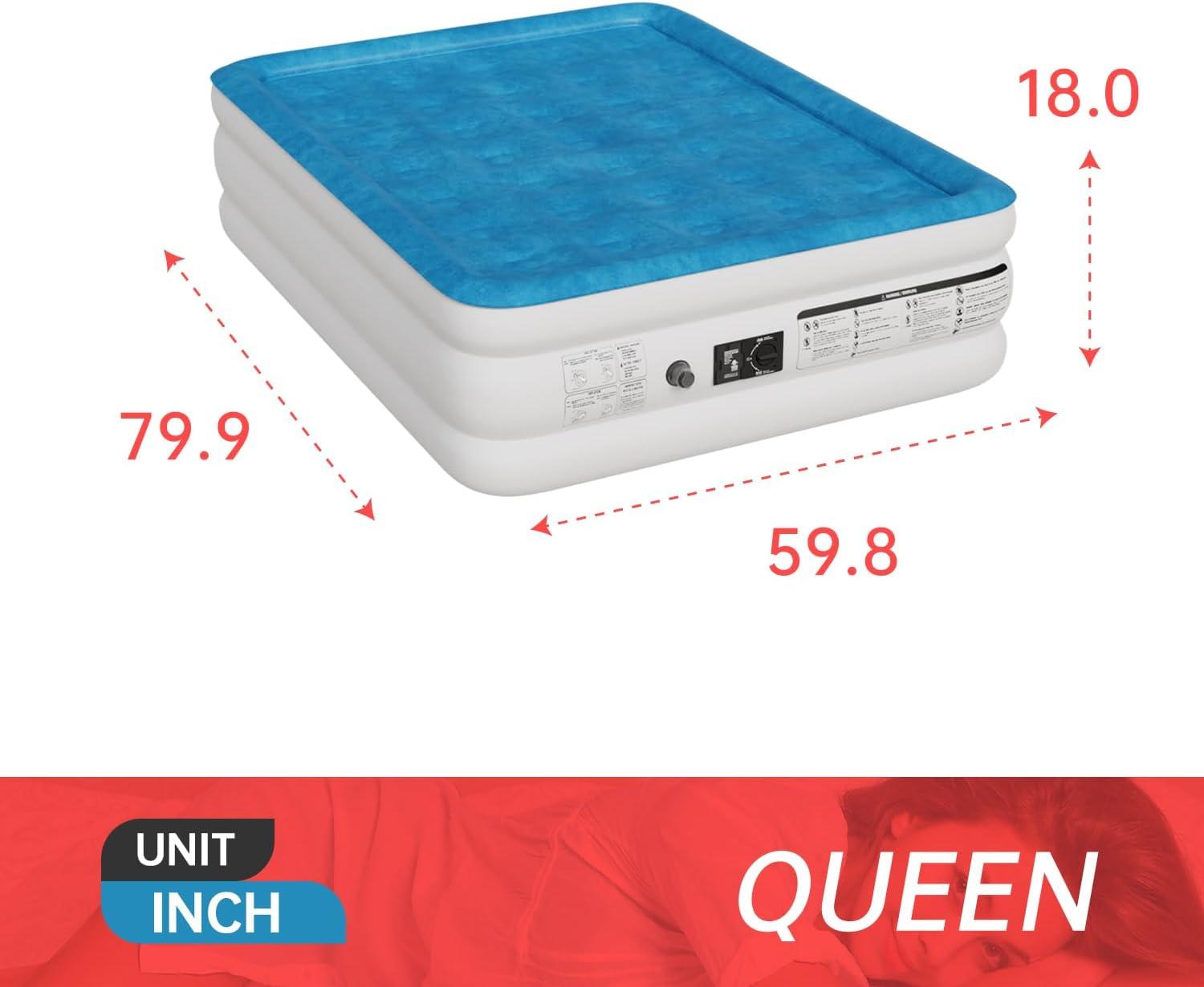 Queen Raised White and Blue PVC Air Mattress with Built-In Pump