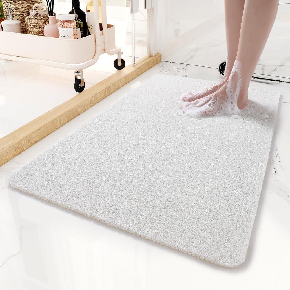 White PVC Non-Slip Loofah Bathroom Mat 17x30 Inch