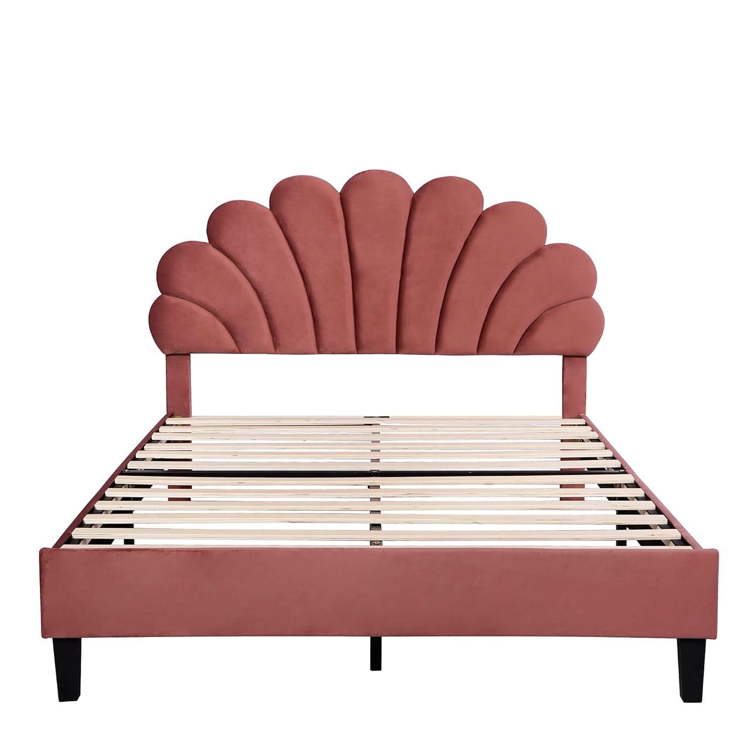 Harper & Bright Designs Full Size Upholstered Platform Bed Frame with Flower Pattern Velvet Headboard, Bean paste red