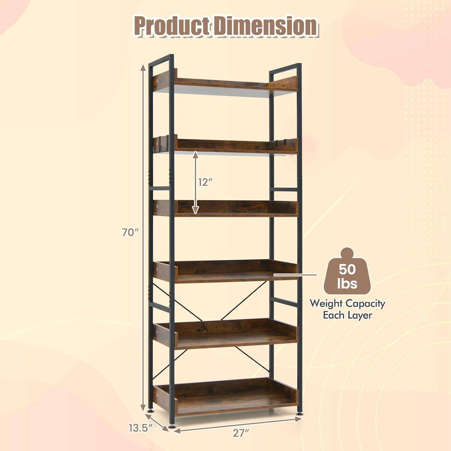 Costway 6-Tier Bookshelf Open Display Shelves Storage Rack Metal Frame with 4 Hooks Rustic