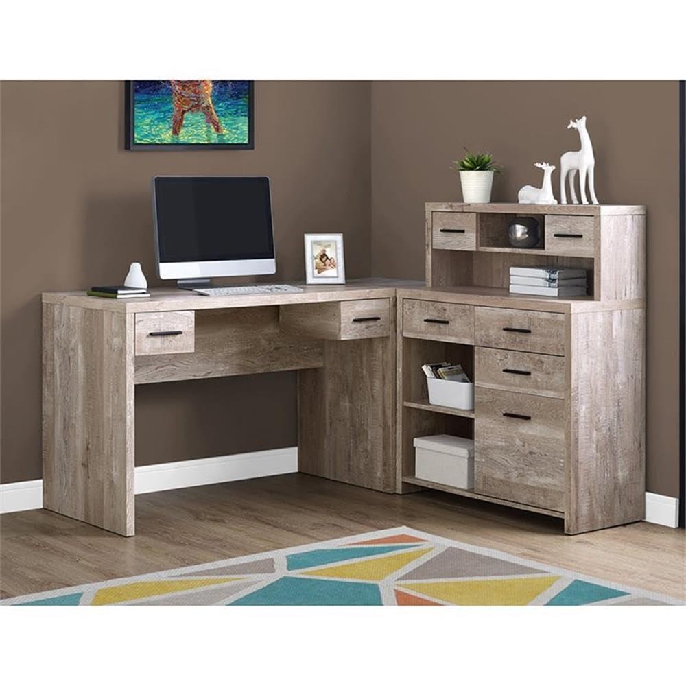 Computer Desk - L-Shaped / Corner / Hutch / 8 Drawers / 3 Cubbies / Reversible - 63"L X 59"W - Taupe Reclaimed Wood-Look