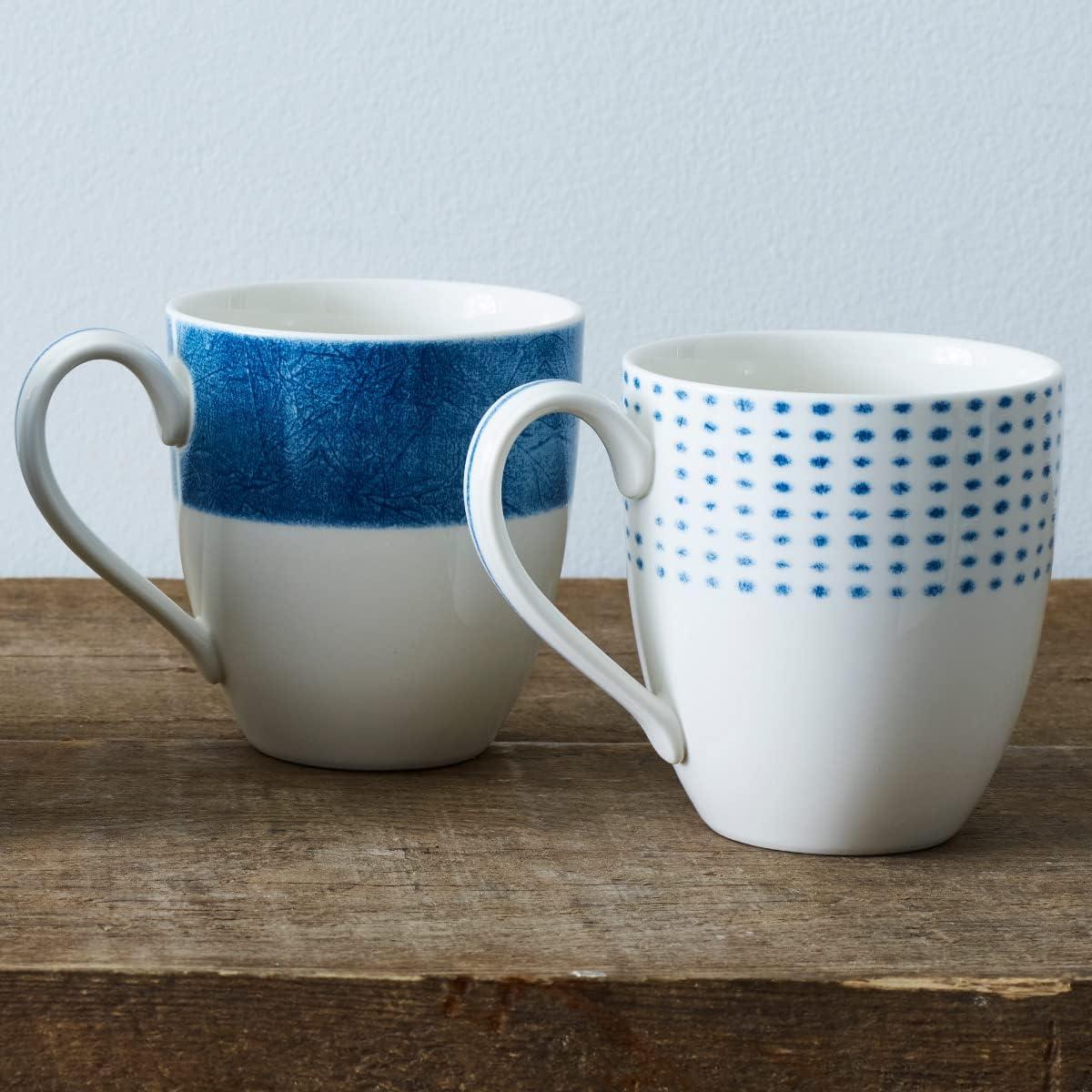 Nautical Blue and White Ceramic Patterned Mug Set, 15 oz, Set of 4