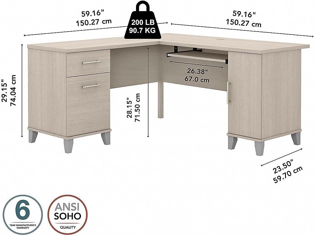 Bush Furniture Somerset 60" L Shaped Desk with Storage, Sand Oak