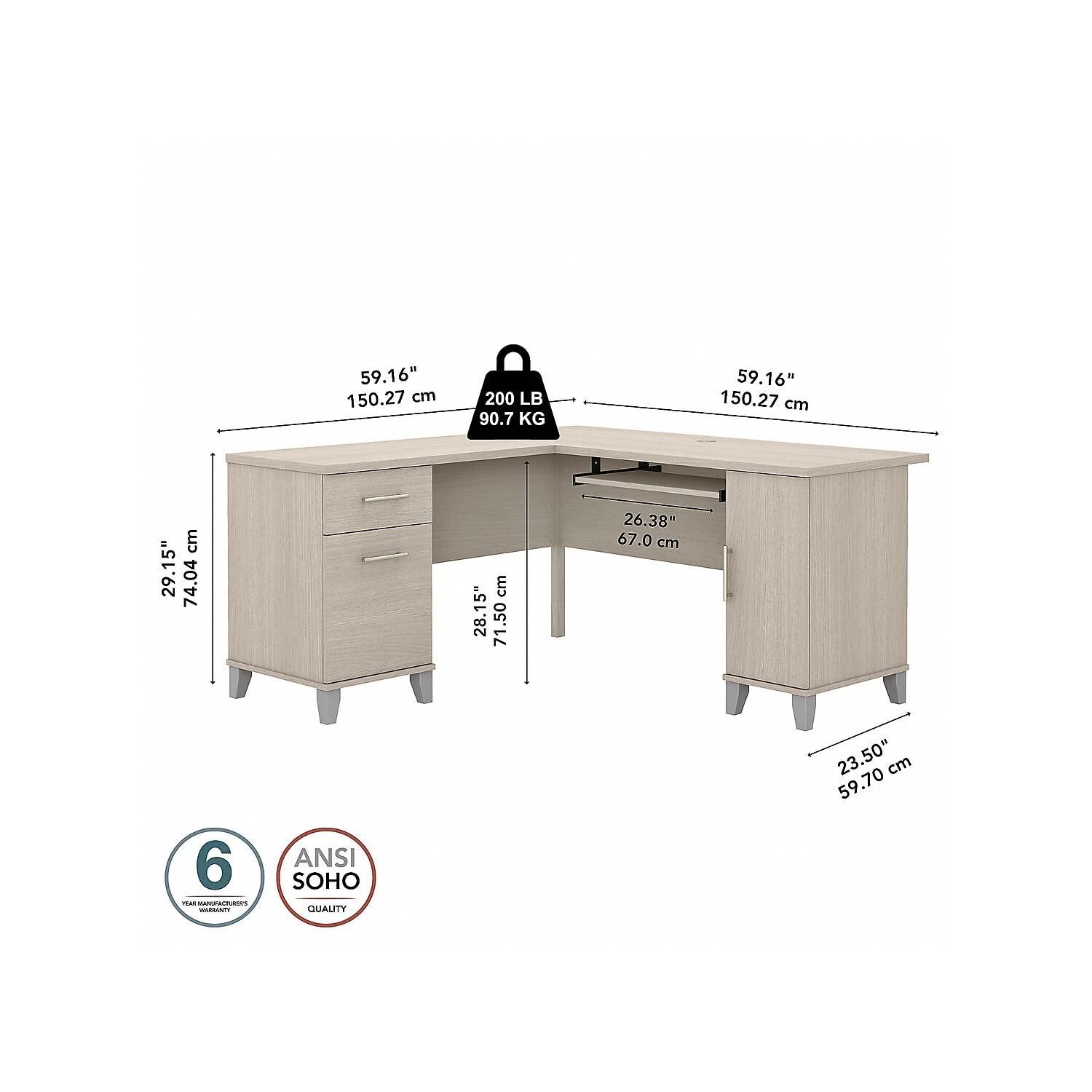 Bush Furniture Somerset 60" L Shaped Desk with Storage, Sand Oak
