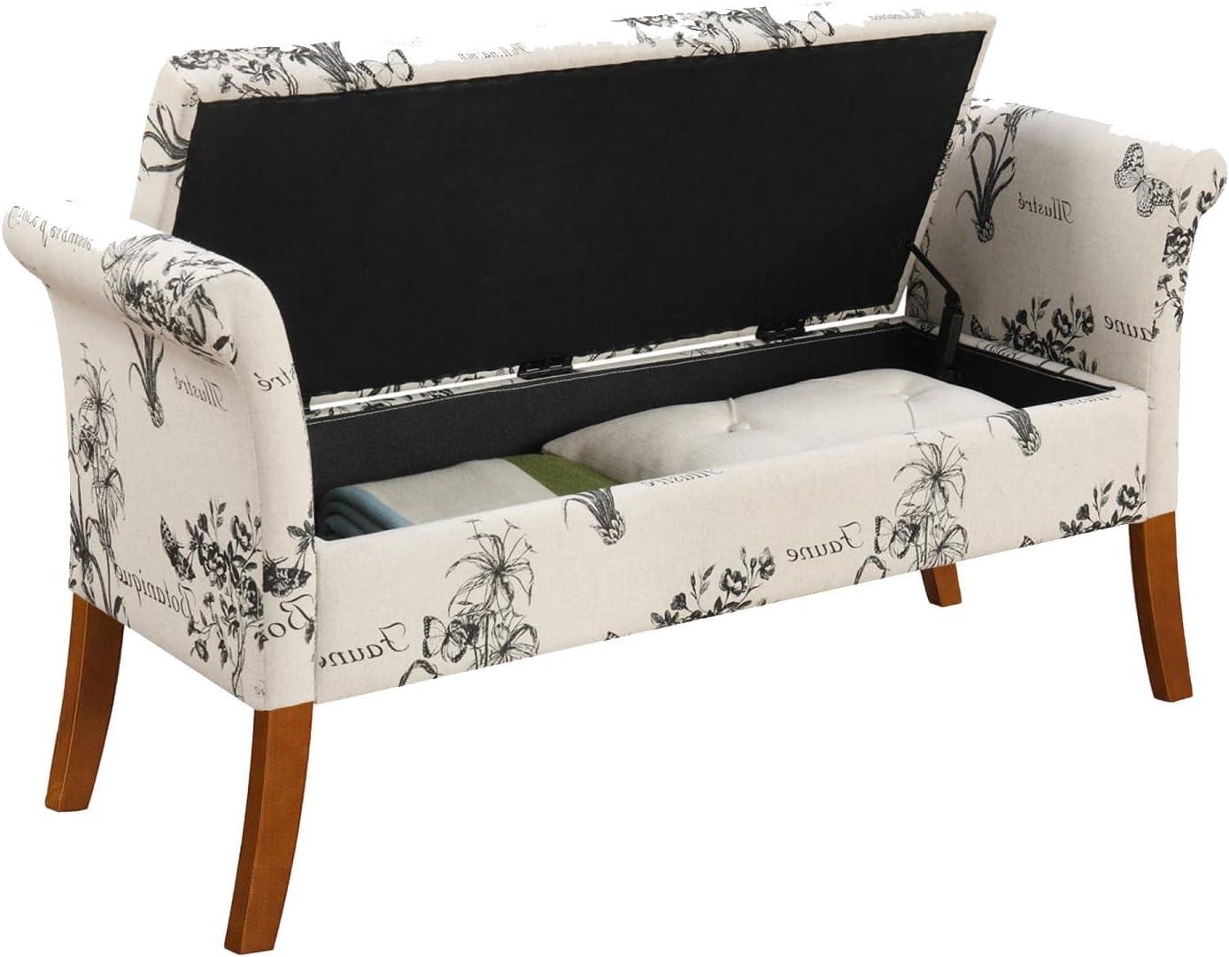 Beige Botanical Fabric Tufted Storage Bench with Rolled Armrests