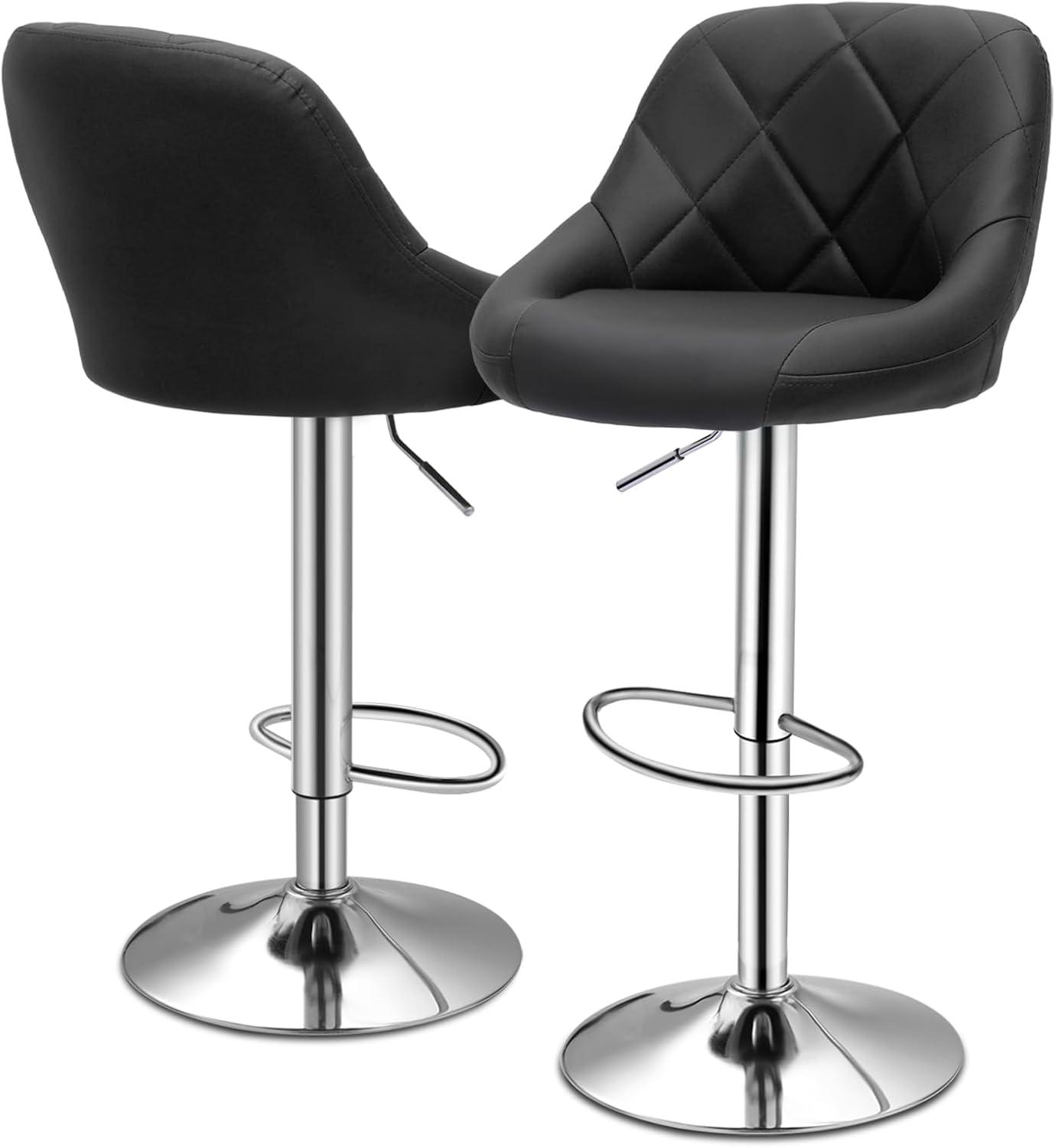 Set of 2 Black Adjustable Swivel Leather Bar Stools