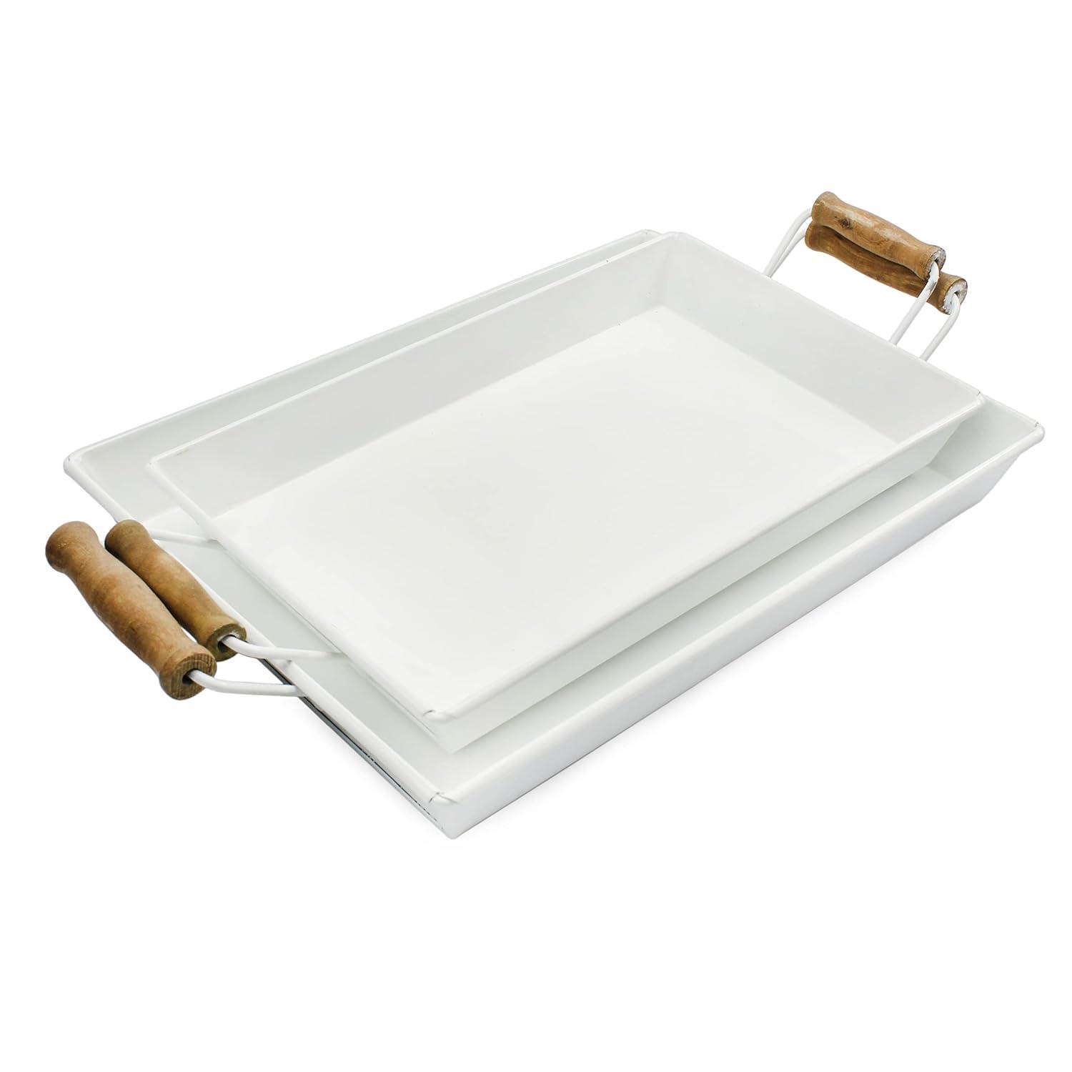 AuldHome Design  Rustic White Enamelware Trays, Small & Medium 2pc Set; Farmhouse Decor Trays w/ Handles