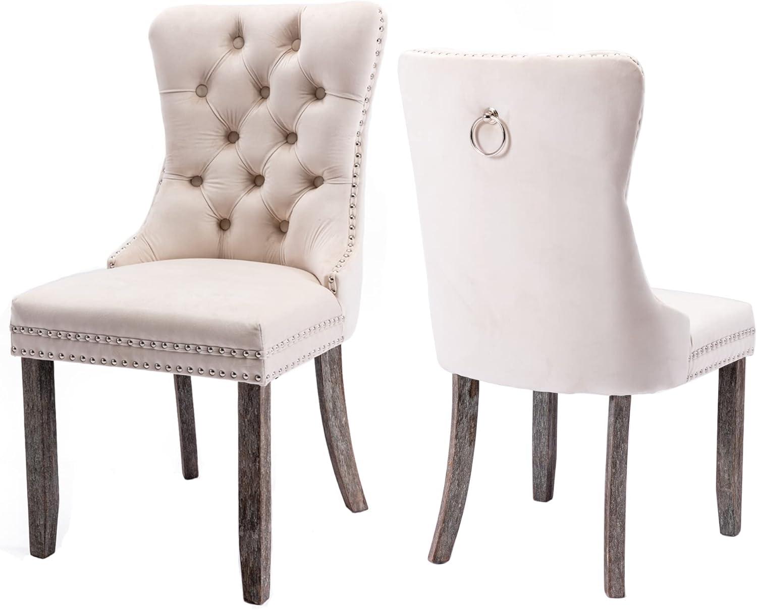 BELLEZE Upholstered Dining Chairs Set of 2, Velvet Luxury Dining Room Chairs with Button Back, Nailhead Trim, Pull-ring, Solid Wood Legs for Kitchen, Living Room, Restaurant - Chandler (Beige)