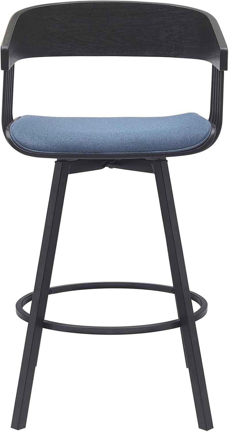 Armen Living Indoor Athena 27" Swivel Black Wood Counter Stool in Blue Fabric with Black Metal