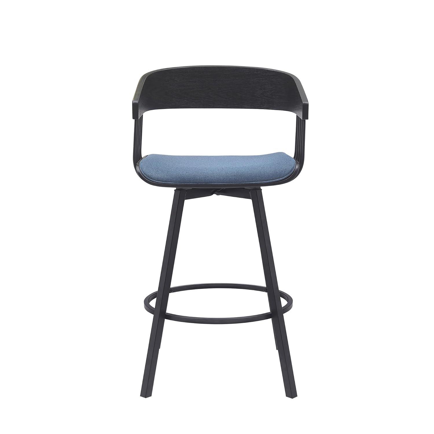 Armen Living Indoor Athena 27" Swivel Black Wood Counter Stool in Blue Fabric with Black Metal